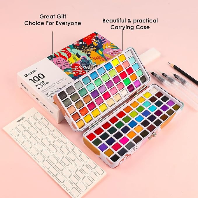 Acuarela Grabie 100 Colores (Incluye Lápiz para Dibujo y 3 Pinceles De Agua)
