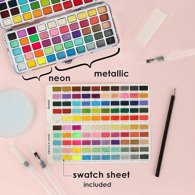 Acuarela Grabie 100 Colores (Incluye Lápiz para Dibujo y 3 Pinceles De Agua)