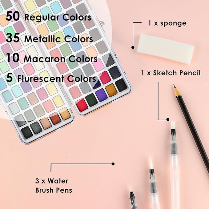 Acuarela Grabie 100 Colores (Incluye Lápiz para Dibujo y 3 Pinceles De Agua)