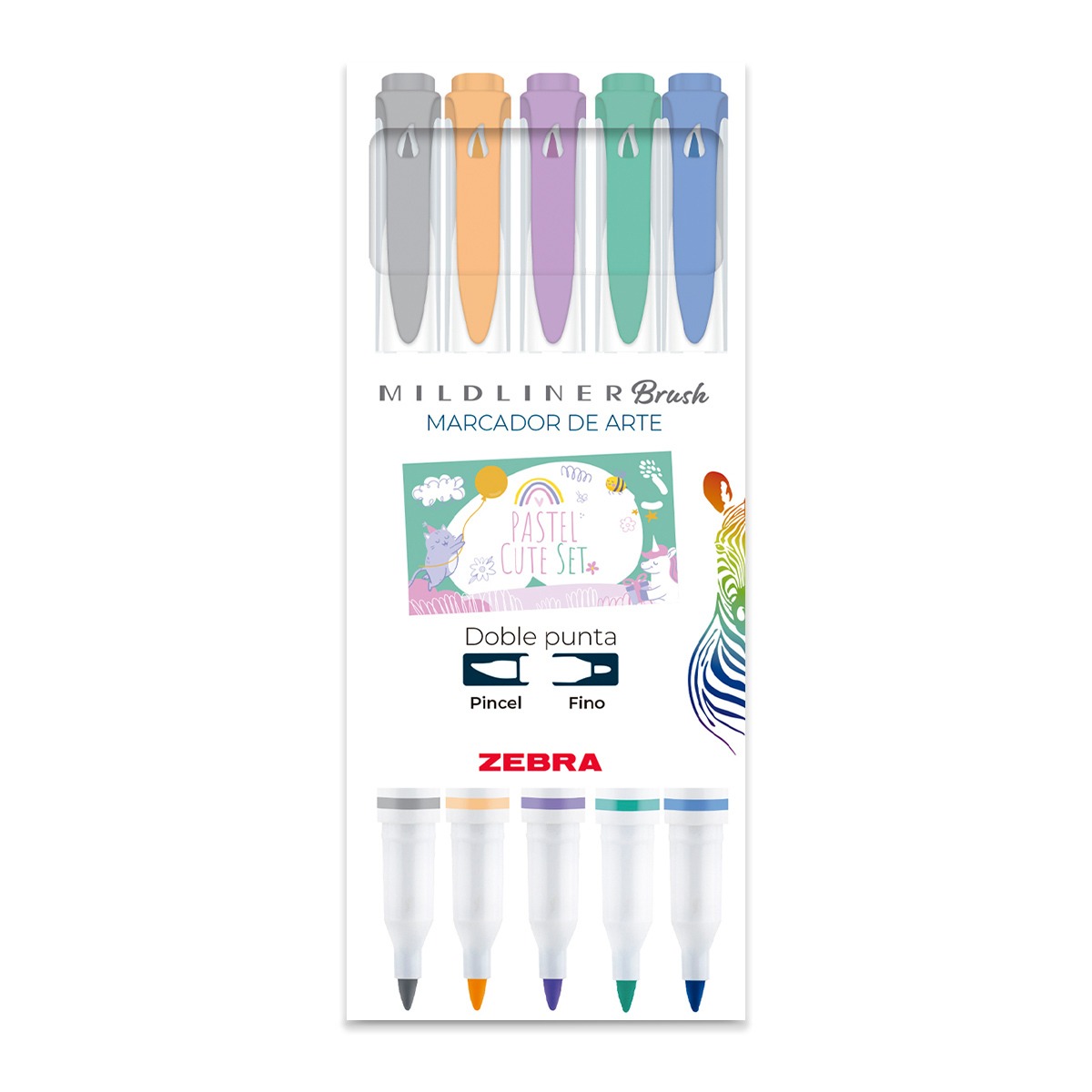 Zebra Mildliner Pastel Cute 5 Colores Doble Punta Pincel y Fina