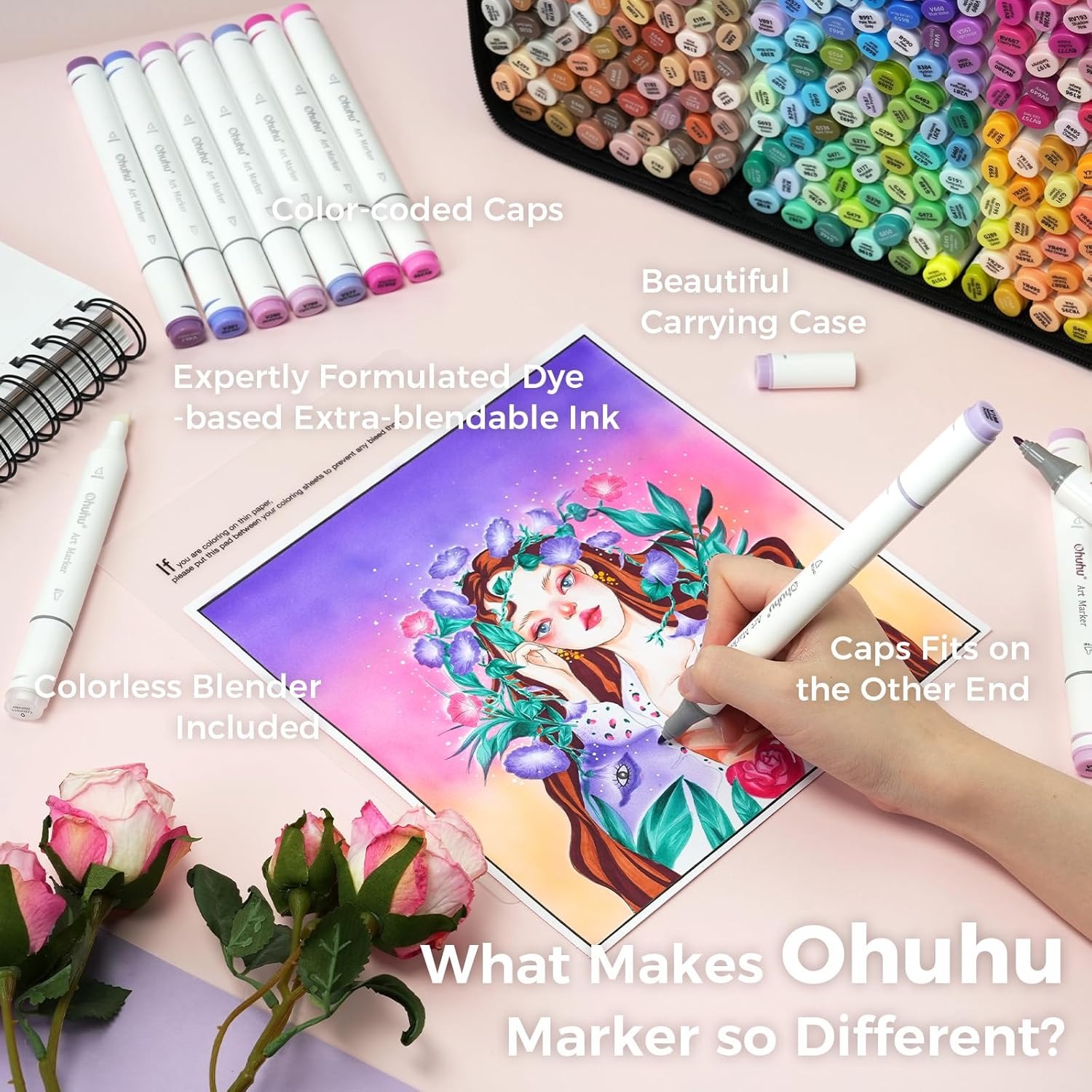 Ohuhu Base Alcohol 320 Colores Punta Fina y Biselada