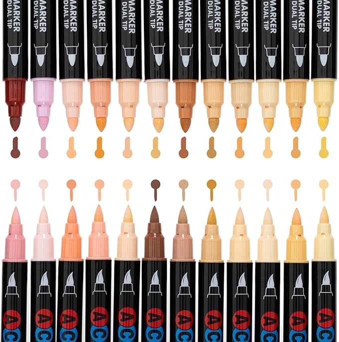 71CFj3A7idL._AC_SX679 Guangna Marcadores Acrílicos 24 Colores Tonos Piel Punta Pincel y Fina