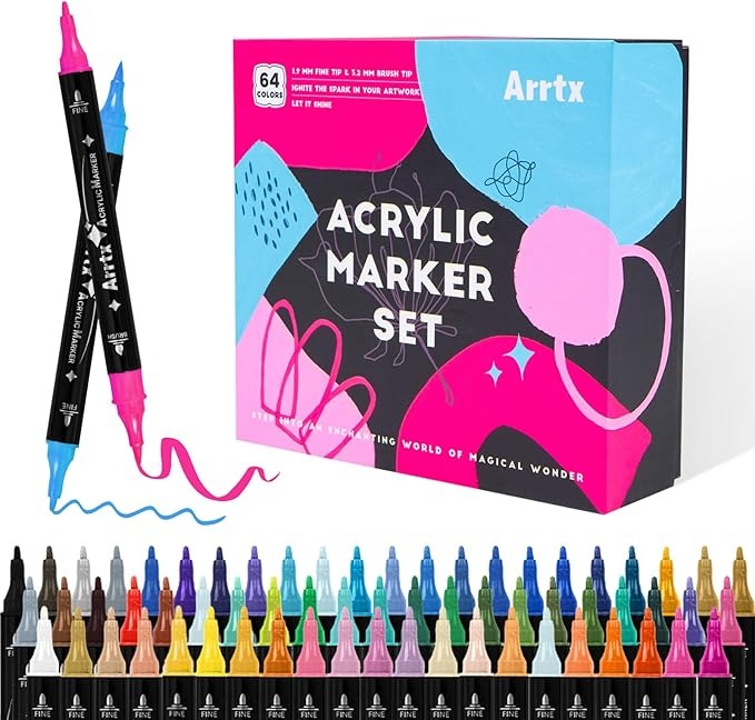 Arrtx Marcadores De Pintura Acrílica, 64 Colores Doble Punta Pincel y Fina