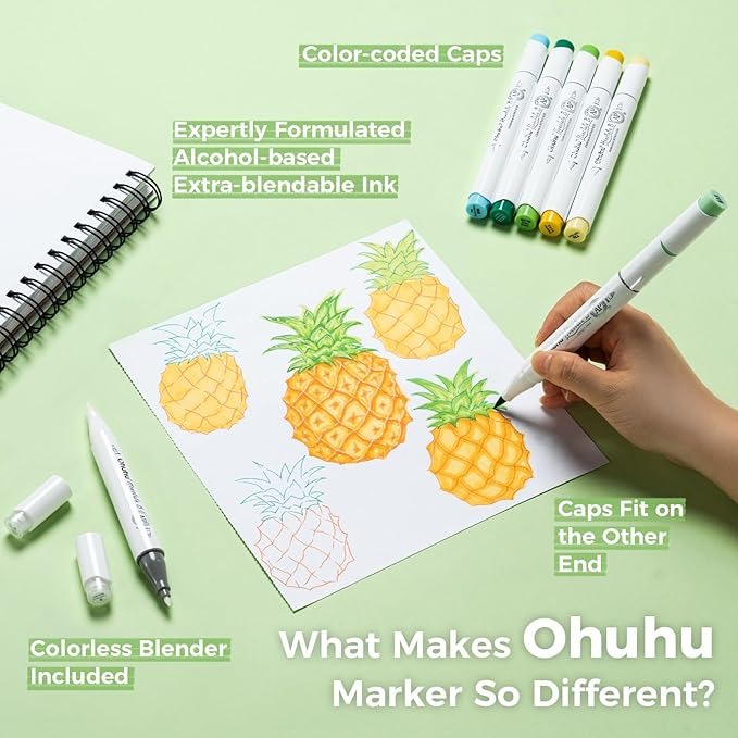 Ohuhu Base Alcohol 216 Colores Punta Pincel y Fina