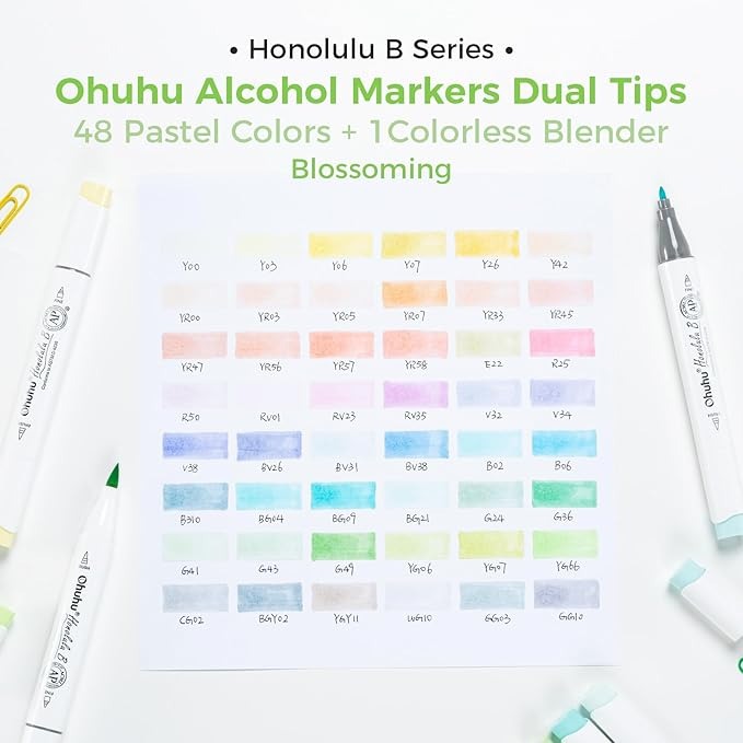 Ohuhu Base Alcohol 48 Colores Pastel Punta Pincel y Fina