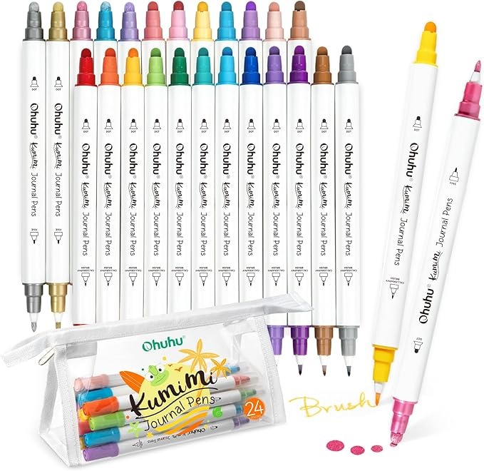 Ohuhu-Kumimi Marcadores Base Agua 19 Colores Pta Dot y Pincel Pequeña y 5 Metálicos Pta Fina y Dot