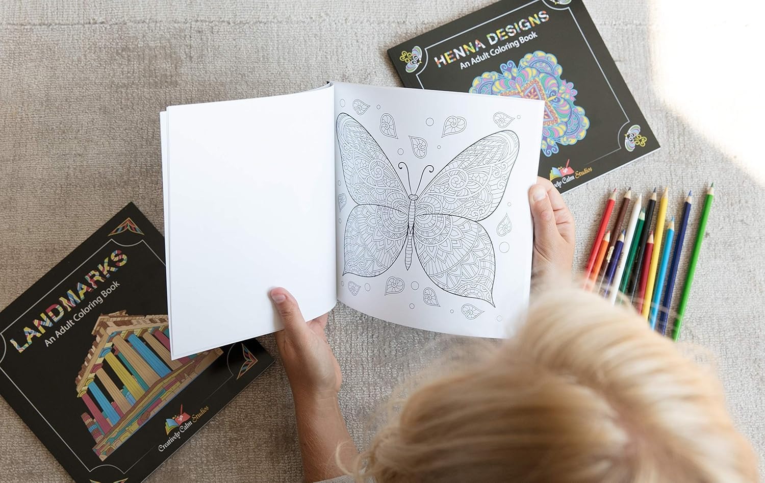 Libros De Colorear Para Adultos, Kit 3 Unidades, Mariposas-Flores, Henna y Puntos De Referencia