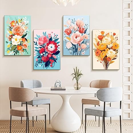 Kit De 4 Lienzos Enmarcados Por Número 30x18cm Diseños Flora