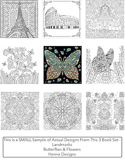 Libros De Colorear Para Adultos, Kit 3 Unidades, Mariposas-Flores, Henna y Puntos De Referencia