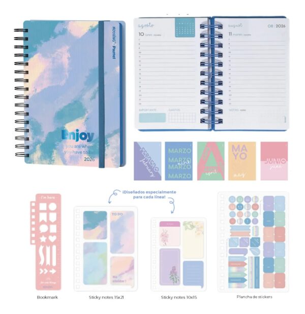 D_NQ_NP_2X_863557-MLA91223260625 Agenda Mooving 2026 Pastel 10x15cm Día Por Página (Pequeña)