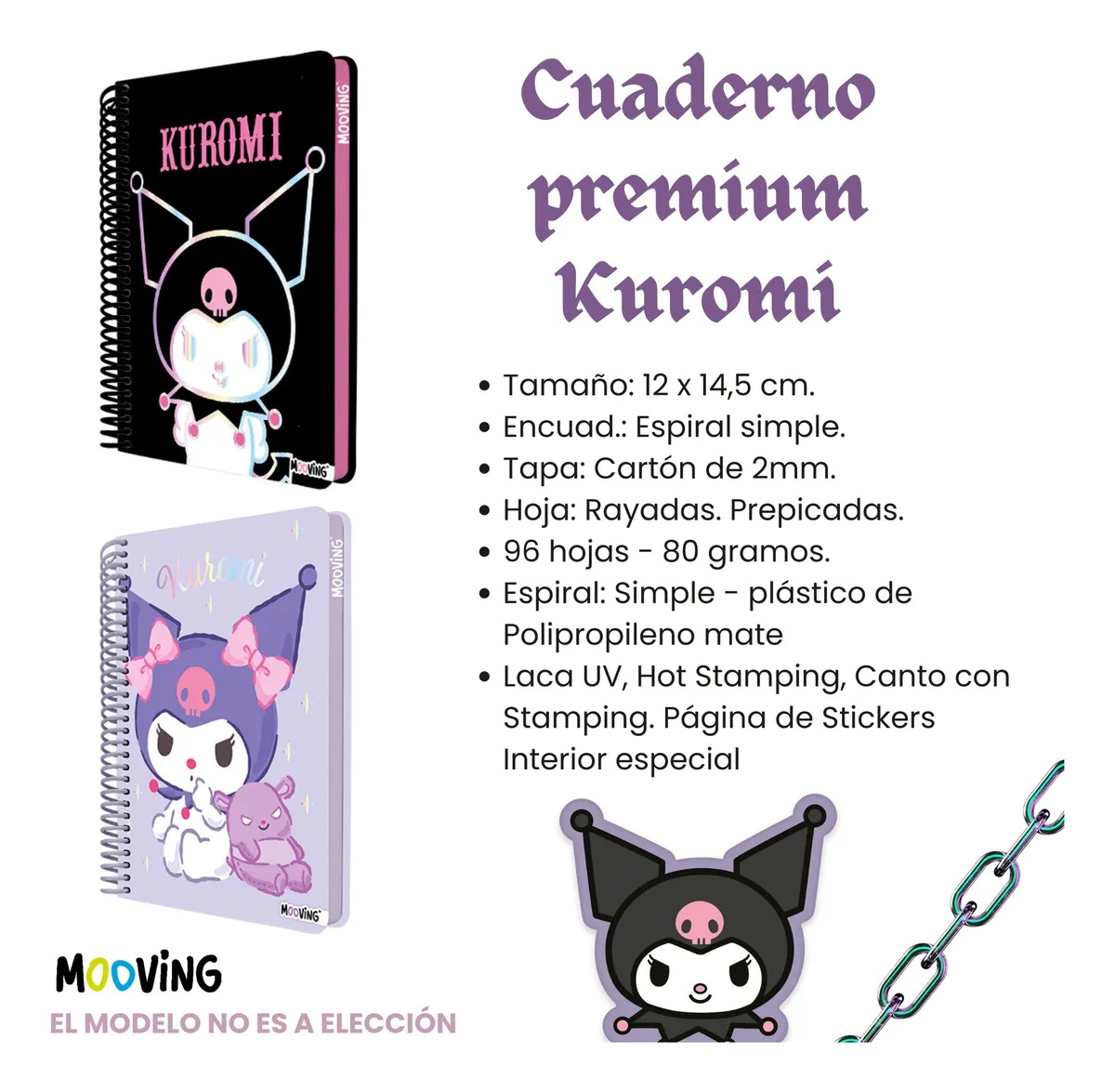 D_NQ_NP_2X_882698-MLA97770546952 Mooving Cuaderno Premium Kuromi Pocket 96 Hojas Rayadas