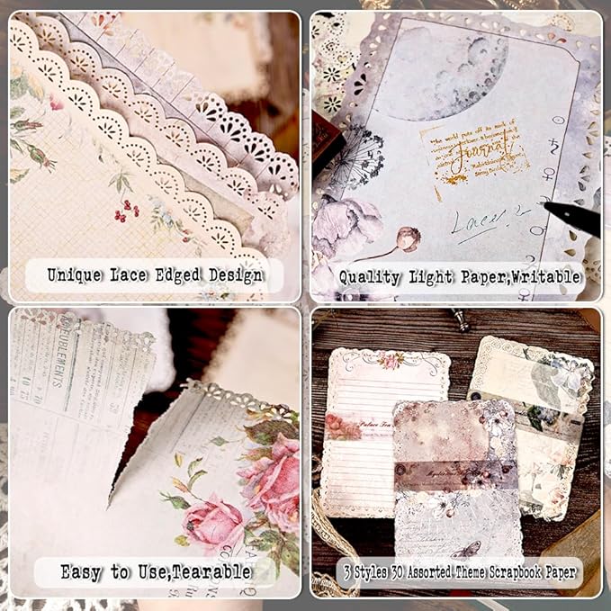 Paquete 30 hojas De Papel Vintage Con Borde De Encaje-Lace