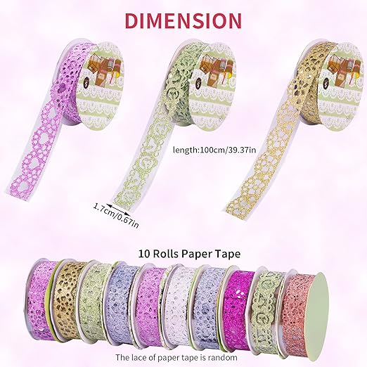 81ZfWENFZYS._SX522_ Juego de 10 Rollos de Cinta Washi con Patrón de Encaje con Purpurina