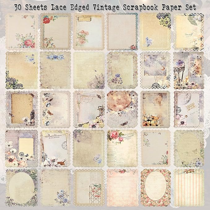 Paquete 30 hojas De Papel Vintage Con Borde De Encaje-Lace