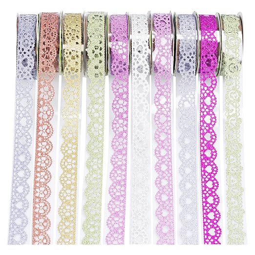 91nH73bawbS._SX522_ Juego de 10 Rollos de Cinta Washi con Patrón de Encaje con Purpurina