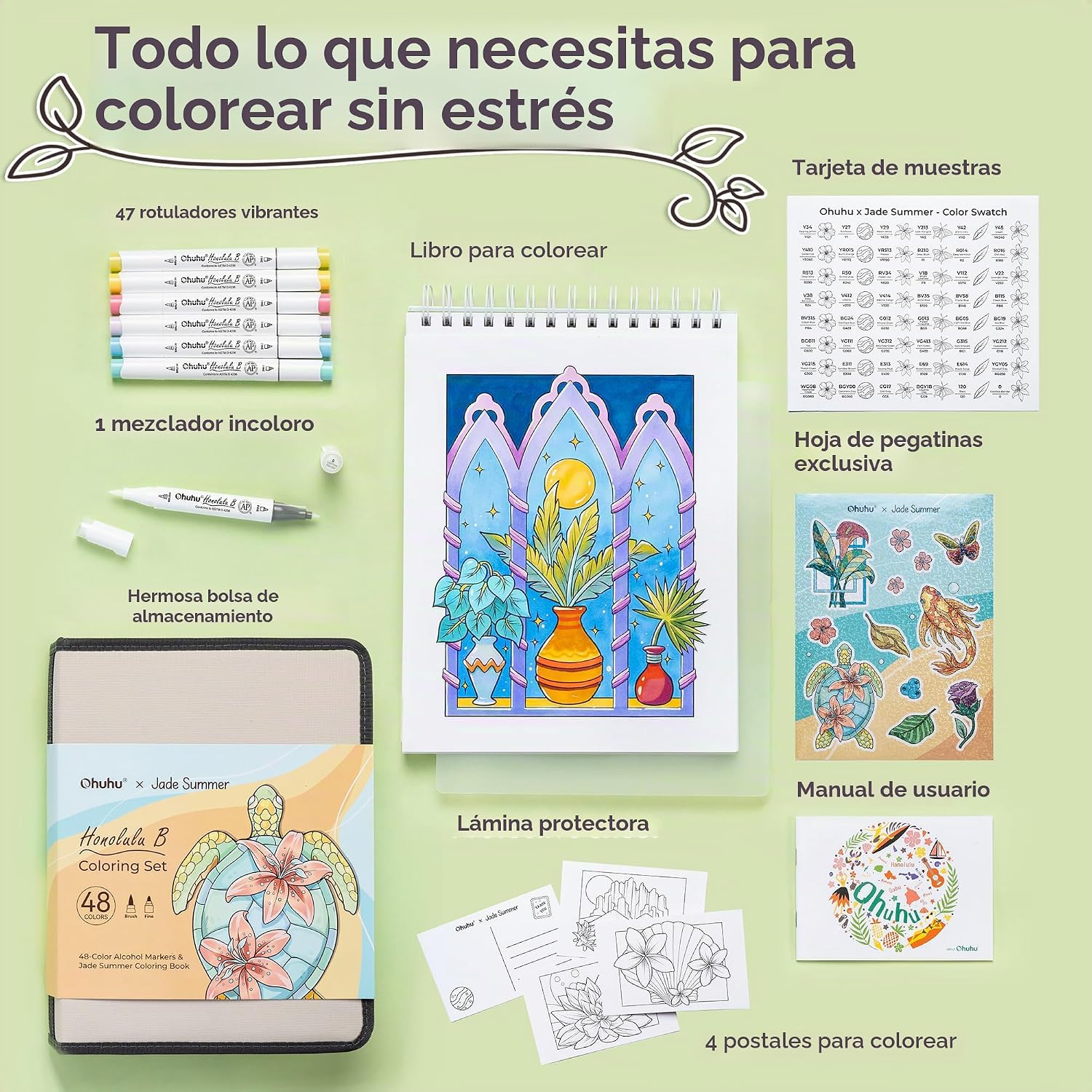 Ohuhu Set De Colorear x Jade Summer 48 Colores Punta Pincel y Fina